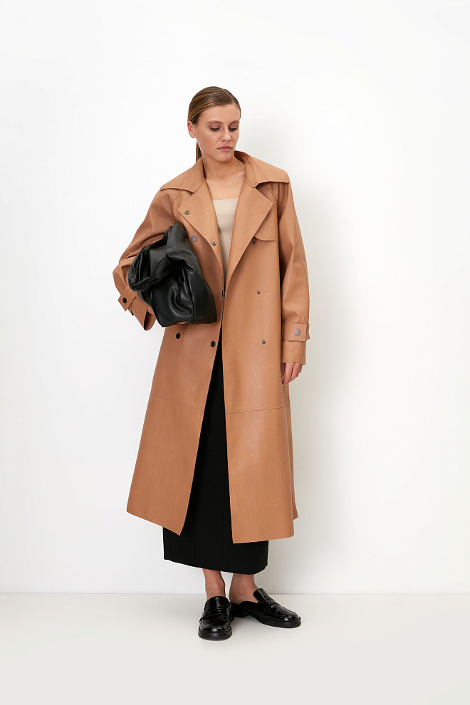 Oversize тренч из двусторонней экокожи без подкладки