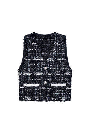 черный Жилет из фактурного твида. Модель классического силуэта с V-образным вырезом, имитацией карманов и двумя акцентными пуговицами. Изделие декорировано люрексом, пайетками и бусинами. 