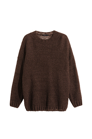 коричневый Трикотажный полупрозрачный джемпер из смесовой шерсти с добавлением мохера. Модель свободного силуэта со спущенной линией плеч и круглым вырезом горловины. Манжеты и низ изделия выполнены в широкий рубчик.