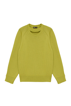 хаки Трикотажный джемпер из шерсти. Модель прямого кроя с декоративным вырезом и разрезами на рукавах.