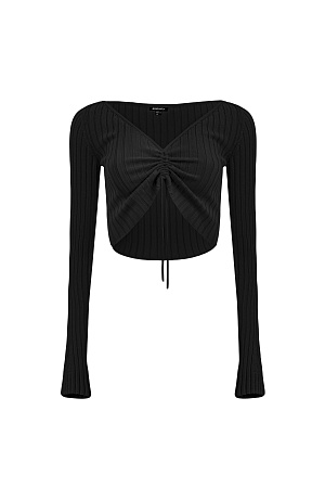черный Трикотажный топ из вискозы с длинным рукавом. Модель с V-вырезом и регулируемой кулиской спереди. 