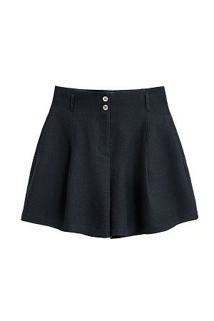 черный Шорты из 100% льна с высокой посадкой. Модель прямого кроя с защипами и боковыми карманами. Шлевки на поясе для ремня. Застежка на молнию и две пуговицы.