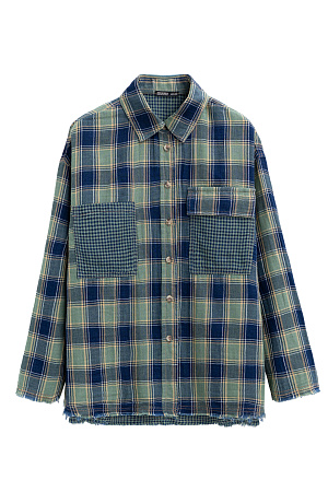 зеленый Рубашка в клетку из 100% хлопка. Модель прямого кроя, со спущенной линией плеч, длинными рукавами, классическим отложным воротником, двумя нагрудными карманами, один из них с клапаном. Манжеты и низ изделия выполнены с эффектом необработанного края. Застежка на пуговицы.