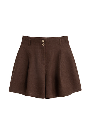 коричневый Шорты из 100% льна с высокой посадкой. Модель прямого кроя с защипами и боковыми карманами. Шлевки на поясе для ремня. Застежка на молнию и две пуговицы.