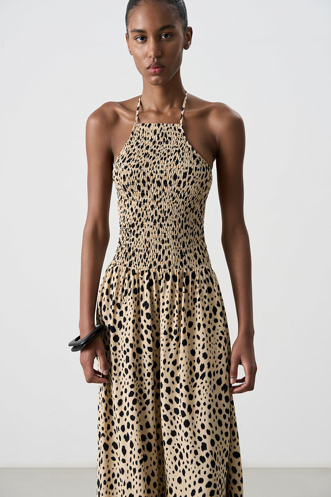 Принтованный сарафан с завязками на шее